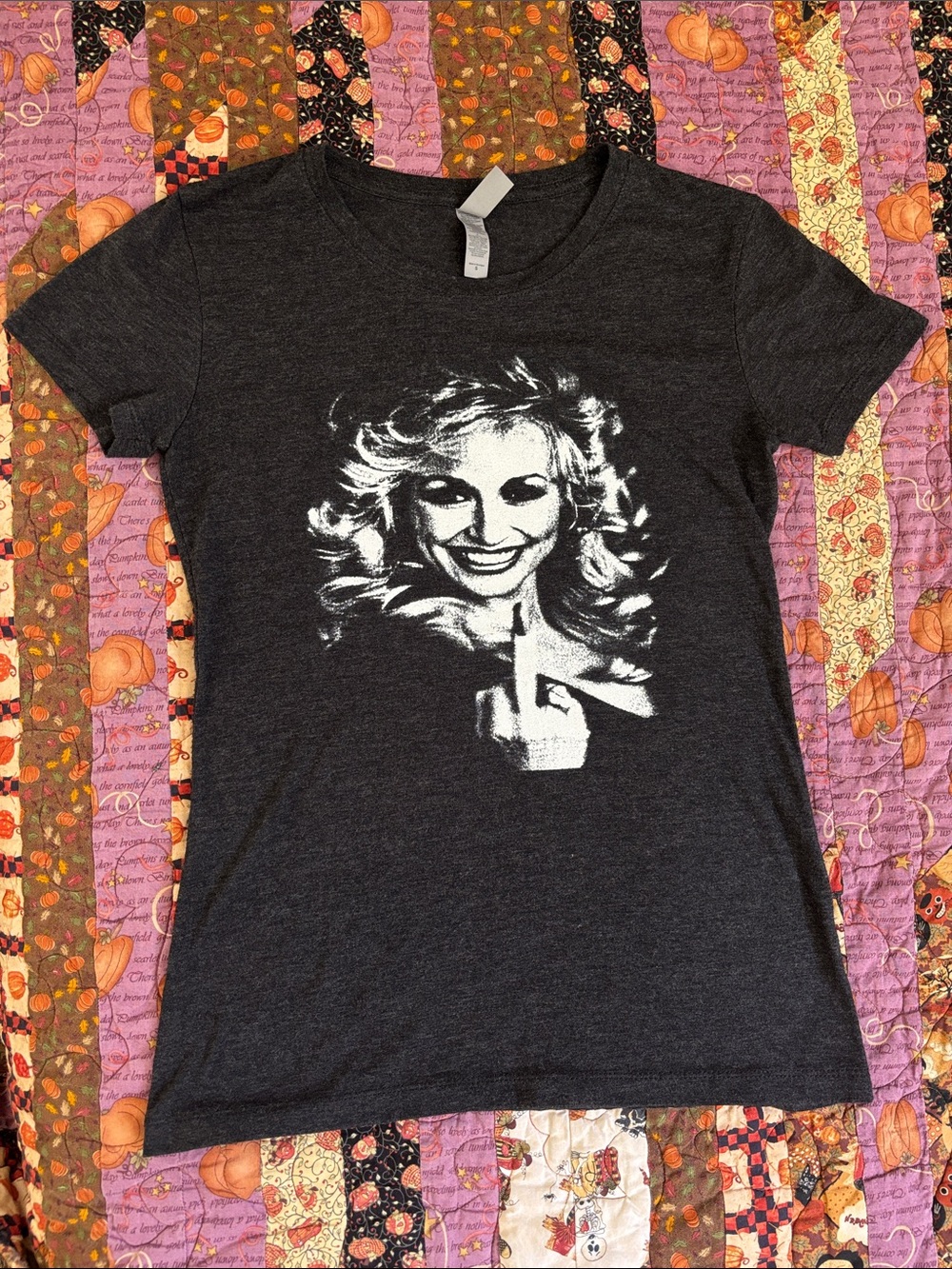 Dolly Parton Flipping the Bird Women’s Charcoal Graphic Tee with White Print